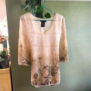 apostrophe tan tie-back long-sleeved elegant blouse. Size large. New w/o tags